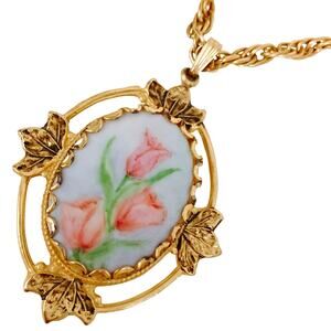 Vintage Romantic Mid Century Porcelain Hand Painted Pink Floral Pendant Necklace